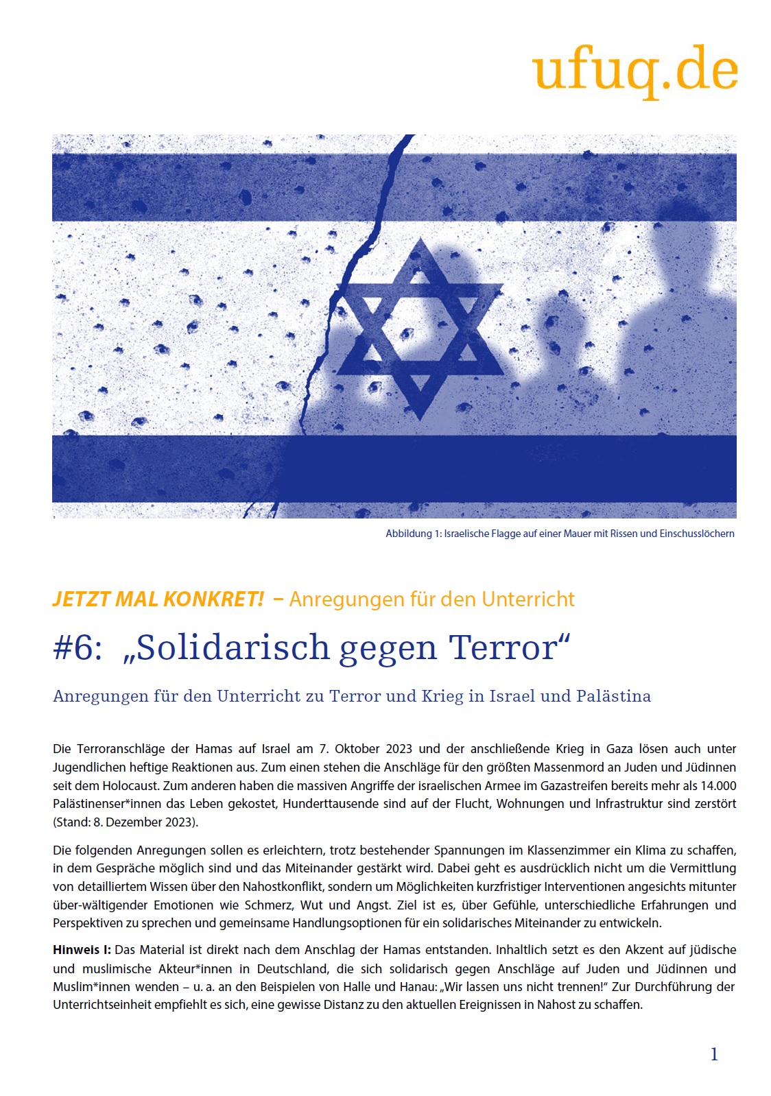 Im oberen Drittel des Bildes ist die Flagge Israels abgebildet, die übersät ist mit Kugeln. Darunter steht Solidarisch gegen Terror.