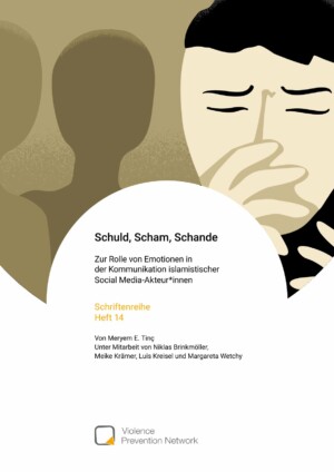 In dem oberen Dreiviertel des Titelblatts befindet sich ein Bild von 3 Gestalten. Die rechte Gestalt stellt eine Person da, die sich mit hochgezogenen Augenbrauen die Augen zusammenkneift und sich die Hand vor den Mund hält. Die beiden Gestalten links davon sind nur schattige Umrisse eines Menschen und haben kein Gesicht. Darunter ist auf einem weißen Halbkreis der Haupttitel Schuld, Scham, Schande und der Untertitel "Zur Rolle von Emotionen in der Kommunikation islamistischer Social Meida-Akteur*innen" abgebildet. Darunter steht in gelber Schrift "Schriftenreihe Heft 14". Darunter sind die Namen der Autor:innen abgebildet: "Meryem E. Tinç, Unter Mitarbeit von Niklas Brinkmöller, Meike Krämer, Luis Kreisel und Margareta Wetchy". Am untersten Rand des Bildes ist der Name und das Logo des Herausgebers "Violence Prevention Network" abgebildet. Das Logo ist ein graues Viereck mit abgerundeten Ecken, in dessen linker unteren Ecke ein gelbes Dreieck abgebildet ist.