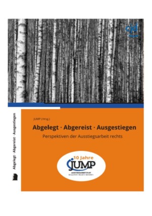 Auf der oberen Hälfte ist ein Birkenwald abgebildet. Auf der unteren Hälfte steht Abgelegt - Abgereist - Ausgestiegen. 10 Jahre Jump