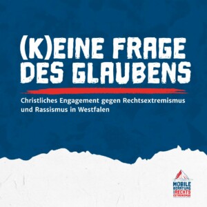 Das Titelbild ist optisch zweigeteilt. Das obere Dreiviertel des Bildes ist mit unregelmäßigen Schattierungen dunkelblau hinterlegt. Das untere Viertel des Bildes ist weiß mit Strukturen, die an ein Blatt erinnern. Das Relief der Linie, wo der blaue in den weißen Teil übergeht, erinnert an eine Berglandschaft. Im blauen Teil steht in weißer Schrift in Versalien der Haupttitel "(K)eine Frage des Glaubens", unterstrichen durch einen roten Strich. Darunter steht der Untertitel "Christliches Engagement gegen Rechtsextremismus und Rassismus in Westfalen". In der unteren rechten Ecke steht das Logo der Mobilen Beratung gegen Rechtsextremismus.