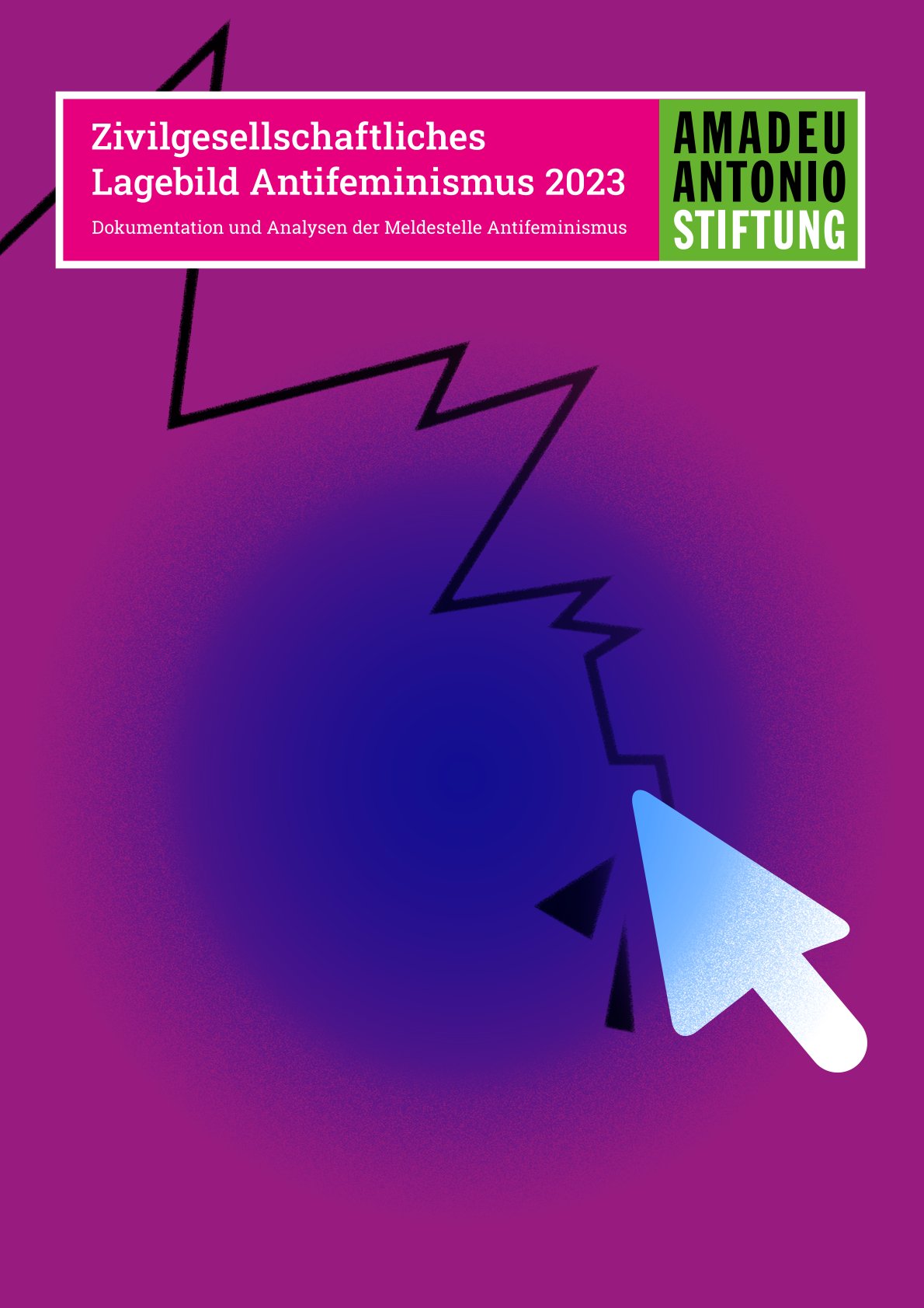 Der Hintergrund des Titelblatts ist pink mit einem Farbverlauf zu blau, der oval in die Mitte des Bildes geht. Von der linken oberen Ecke bis zur rechten unteren Seite des Bildes geht eine schwarze zackige Linie entlang. Am Ende der Linie splittern sich zwei Teile ab und ein großer weißer Mauszeiger ist abgebildet. Am oberen Bildrand ist ein länglicher pinker Kasten, auf dem in weiß der Titel Zivilgesellschaftliches Lagebild Antifeminismus 2023 und der Untertitel "Dokumentation und Analysen der Meldestelle Antifeminismus" steht. Teil des rechten Endes des Kastens ist zudem das Logo der Amadeu Antonio Stiftung, welches aus dem Namen in schwarz und weißem dickem Schriftzug auf einem grünen Hintergrund besteht.
