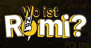 Auf schwarzen Hintergrund steht mit gelber, schwarzer und weißer Farbe geschieben Wo ist Romi? durch das O von Romi geht ein Blitz durch