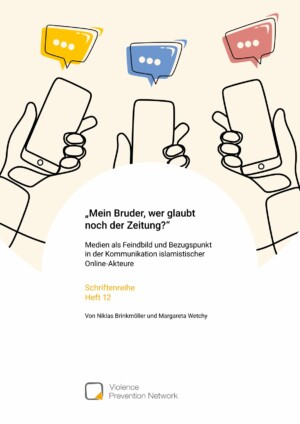 In dem oberen Dreiviertel des Titelblatts befindet sich ein Bild, welches mit einer schwarzen Linie des Umrisses drei Hände, die Smartphones halten, darstellt. Über den Smartphones befindet sich jeweils eine Sprechblase mit drei Punkten darin, die gelb, blau und rot ausgefüllt sind. Darunter ist auf einem weißen Halbkreis der Haupttitel Mein Bruder, wer glaubt noch der Zeitung? und der Untertitel "Medien als Feindbild und Bezugspunkt in der Kommunikation islamistischer Online-Akteure" abgebildet. Darunter steht in gelber Schrift "Schriftenreihe Heft 14". Darunter sind die Namen der Autor:innen abgebildet: "Von Niklas Brinkmöller und Margareta Wetchy". Am untersten Rand des Bildes ist der Name und das Logo des Herausgebers "Violence Prevention Network" abgebildet. Das Logo ist ein graues Viereck mit abgerundeten Ecken, in dessen linker unteren Ecke ein gelbes Dreieck abgebildet ist.