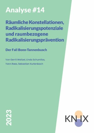 Das Bild ist in zwei Teile unterteilt. Links ist ein hellgrüner Hintergrund, rechts ein weißer. Auf dem linken steht Analyse #14 Räumliche Konstellationen, Radikalisierungspotentiale und raumbezogene Radikalisierungsprävention. Der Fall Tannenbusch