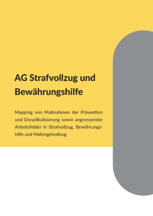 Das Bild ist zu 2/3 weiß und 1/3 grau. Am Rand rechts ist ein gelber gefüllter langgezogener Halbkreis platziert. Auf dem weißen Grund steht AG Strafvollzug und Bewährungshilfe. Mapping von Maßnahmen der Prävention und Deradikalisierung sowie angrenzender Arbeitsfelder in Strafvollzug, Bewährungshilfe und Maßregelvollzug