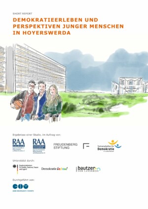 In der oberen linken Ecke des Bildes steht die Art des Mediums: "Short Report" in grauer Schrift. Darunter ist der Titel in oranger Schrift abgebildet: "Demokratieerleben und Perspektiven Junger Menschen in Hoyerswerda". Unter dem Titel befindet sich ein Bild im Stil eines Aquarells, welches ungefähr bis zur Mitte der Titelseite geht. Darauf sind drei junge Menschen zu sehen, die eng aneinander stehen. Die linke Person hat einen Basketball unter den Arm geklemmt, die Person auf der rechten Seite ein Skateboard. Die Jugendlichen stehen vor einem großen Plattenbau, welcher auf der linken Seite des Bildes ist. Vor dem Plattenbau ist eine große Wiese. Auf der rechten Seite ist ein weiteres Gebäude abgebildet. Unter diesem Bild befinden sich einige Logos von den Organisationen, die die Studie in Auftrag gegeben haben.