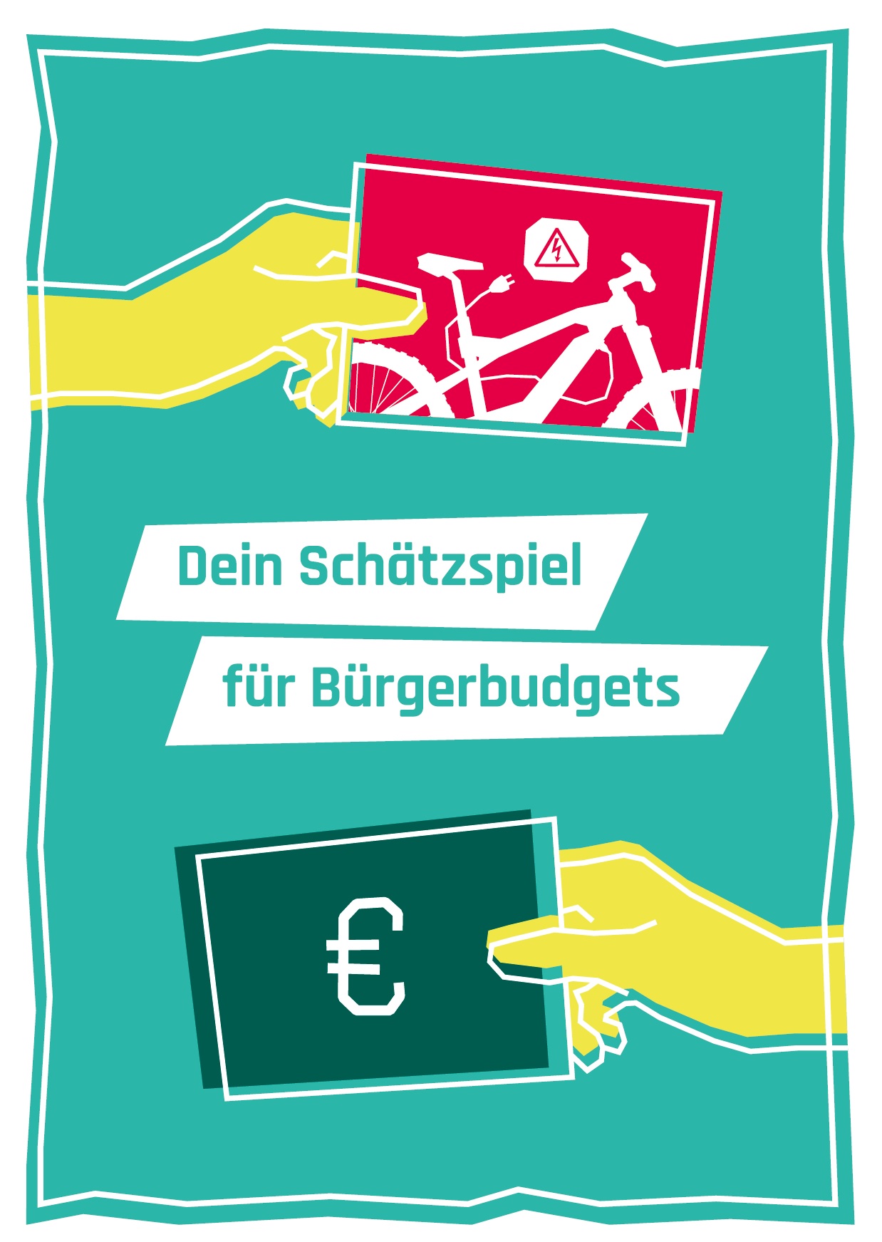 Auf dem Bild sieht man zwei Hände, die von links und rechts aus dem Rand in die Mitte gleiten und dabei jeweils eine Karte halten. Auf der einen Karte (rot) ist ein Fahrrad, um das eine Stromkabel gewickelt ist und darüber das Symbol für Strom abgebildet. Auf der anderen Karte ist das Eurozeichen abgebildet. Zwischen den Händen steht Dein Schätzspiel für Bürgerbudgets