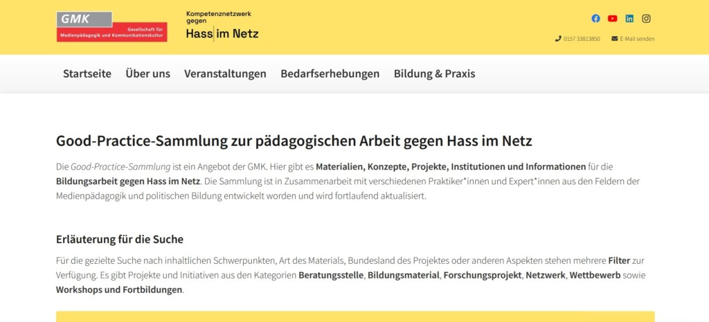 Das Bild zeigt die Startseite zur Good Practice Sammlung zur pädagogischen Arbeit gegen Hass im Netz