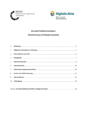 Das Cover ist weiß und man sieht die Überschrift in der Mitte, die ADVD Falldokumentation: Handreichung und Kategoriensystem. Darunter ist das Inhaltsverzeichnis des Textes eingefügt. Im oberen Bereich sind die Logos von den Herausgebern abgebildet.