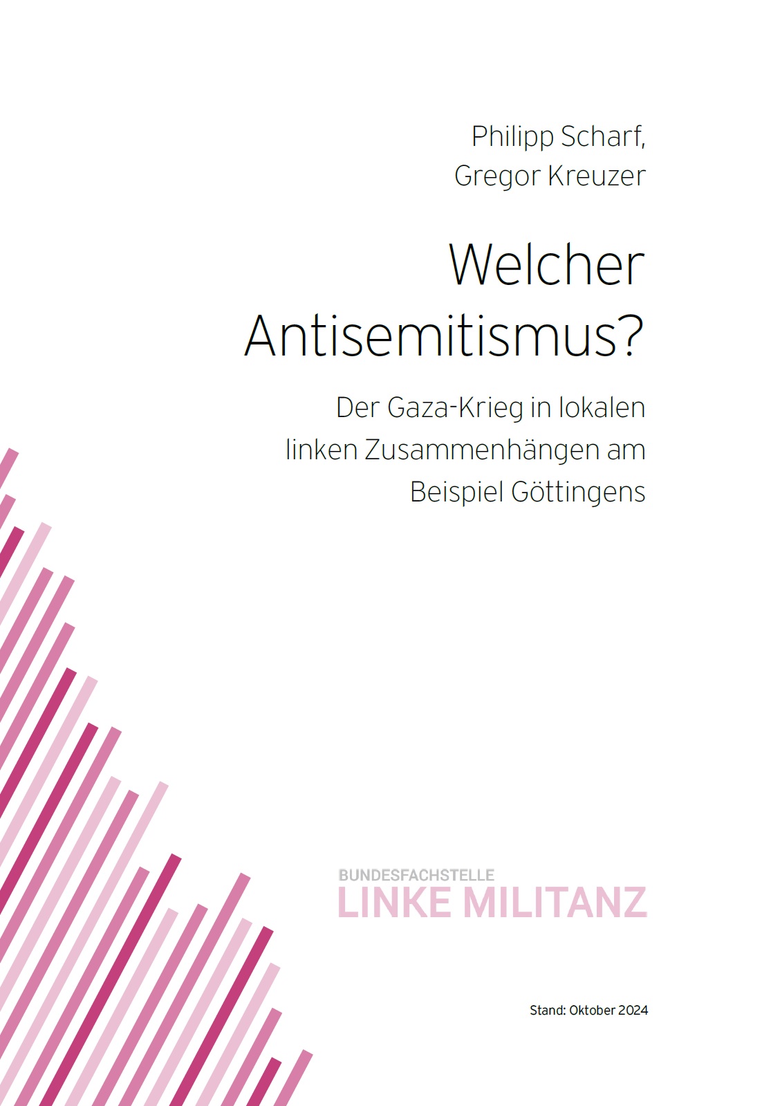 Auf dem Bild steht Welcher Antisemitismus? Der Gaza-Krieg in lokalen linken Zusammenhängen am Beispiel Göttingens. Darüber stehen die Autoren und darunter das Logo der Bundesfachstelle Linke Militanz. Am unteren linken Rand des Bildes erstrecken sich unterschiedlich starke rot-farbene Linien bis hin zur Mitte des Bildes.