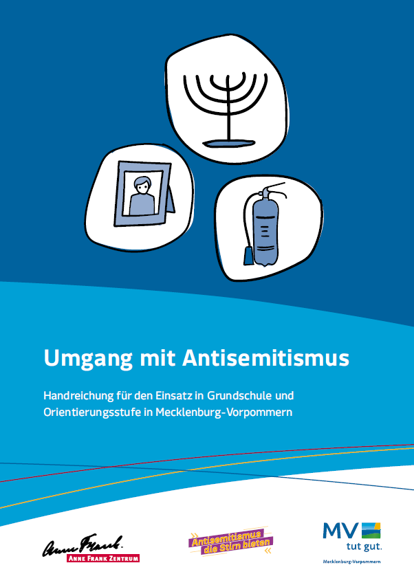 Das Cover ist in Blau gehalten. Der obere Teil ist dunkler, in der Mitte ist es heller. Im oberen Bereich sind weiße Kreise. Darin erkennt man einmal ein Bild im Bilderrahmen. Einen jüdische Kerzenständer Chanukkia und einen Feuerlöscher. Darunter steht der Titel Umgang mit Antisemitismus. Handreichung für den Einsatz in Grundschule und Orientierungsstufe in Mecklenburg-Vorpommern in weißer Schrift.