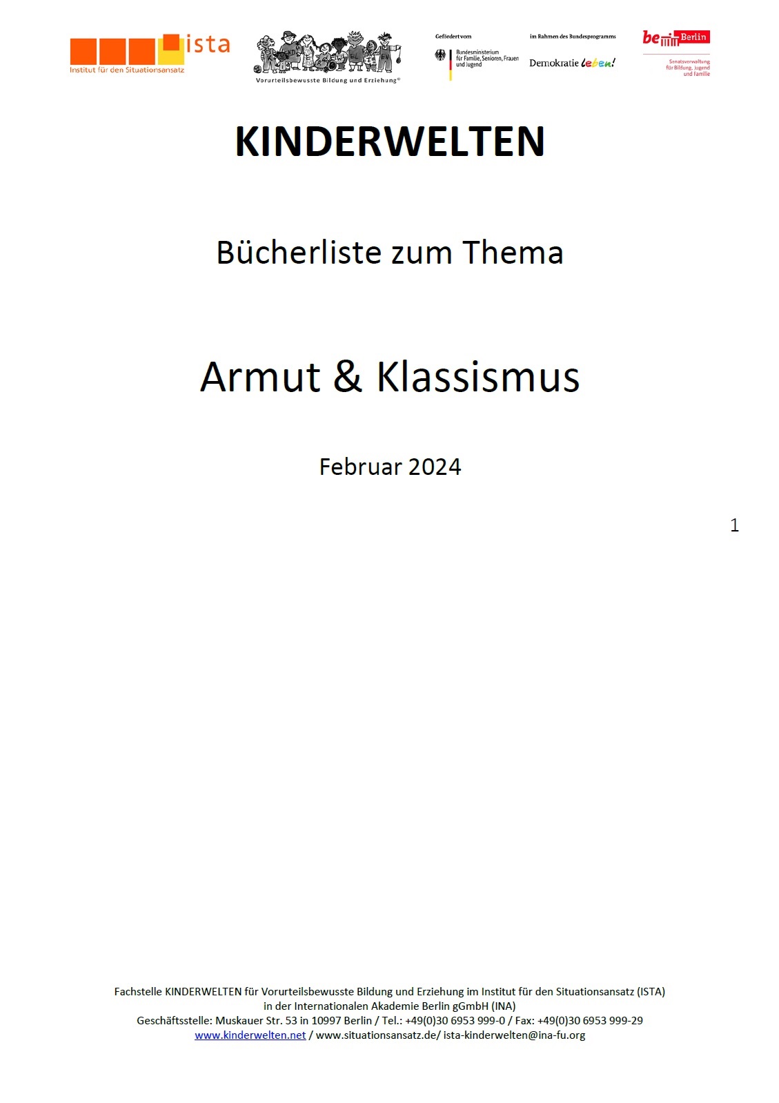 Auf dem Bild steht auf weißen Grund Kinderwelten. Bücherliste zum Thema. Armut und Klassismus. Februar 2024