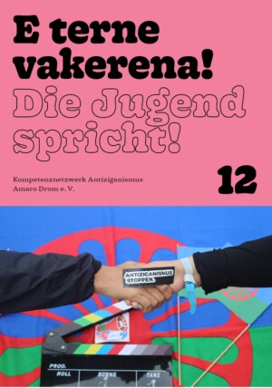 Das Bild ist zweigeteilt. Die erste Hälfte ist rosa und auf ihr steht E terne vakerena! Die Jugend spricht! 12. In der zweiten Bildhälfte ist ein Foto eingefügt, in dem im Hintergrund die Fahne der Roma zu sehen ist sowie eine Filmklappe. Im Vordergrund sieht man zwei Hände, die sich zur Begrüßung anfassen. Auf den Händen steht Antiziganismus stoppen.