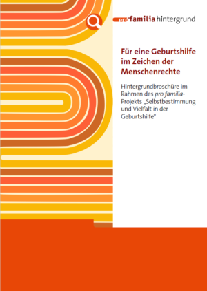 Das Bild zeigt auf dedr linken Seite Linien in orange, braun, gelb und rot, die übereinander liegen und oval verlaufen. Auf der rechten Seite steht der Titel der Broschüre: Für eine Geburtshilfe im Zeichen der Menschenrechte Hintergrundbroschüre im Rahmen des pro familia-Projekts Selbstbestimmung und Vielfalt in der Geburtshilfe.