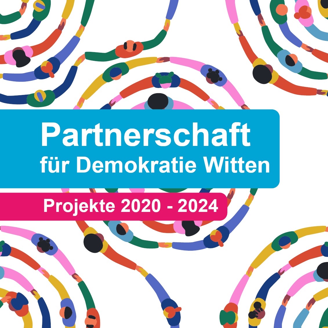 Auf dem Bild sind Gruppen animierter Figuren abgebildet, die sich an den Händen fassen. Es ist aus der Vogelperspektive und daher wirken die unterschiedlichen Gruppen auch wie farbliche Kreise, die sich über das ganze Bild erstrecken. Auf dem Bild steht Partnerschaft für Demokratie. Projekte 2020 -2024