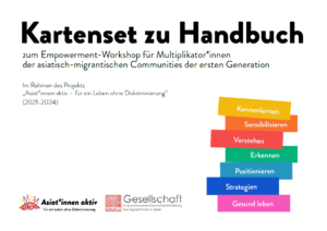 Das Cover ist weiß. Im oberen Bereich steht der Titel Kartenset zu Handbuch. Darunter in kleinerer Schrift steht zum Empowerment-Workshop für Multiplikator*innen der asiatisch-migrantischen Communities der ersten Generation und Im Rahmen des Projekts „Asiat*innen aktiv – für ein Leben ohne Diskriminierung“ (2021-2024). Daneben sind verschiedenfarbige Balken auf denen stehen unterschiedliche Worte: Kennenlernen, Sensibiisieren, Verstehen, Erkennen, Positionieren, Strategien, Gesund leben. Unten links stehen die Logos von Asiat:innen aktiv und Gesellschaft für psychosoziale Gesundheitsförderung bei Migrant*innen Berlin.