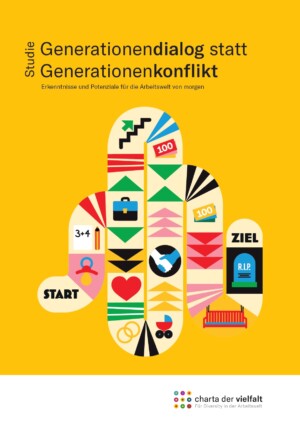 Auf dem Bild steht oben Generationendialog statt Generationenkonflikt. Dialog und Konflikt sind dabei fett geschrieben. Darunter ist eine Grafik abgebildet, die auf der einen Seite als ein Spielfeld eines Gesellschaftsspiels zu erkennen ist, mit Start- und Zielmarkierung und Zwischenfeldern, manche mit Symbolen darauf, wie einem Schnuller oder einem Koffer, die den Weg zum Ende weisen. Zum anderen kann die Abbildung auch als eine abstrakte menschenähnliche Figur betrachtet werden.