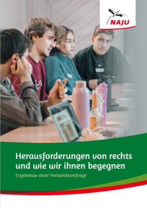 Vier junge Erwachsene sitzen an einem Tisch in einem Gespräch vertieft, mit Getränkeflaschen und einem Laptop vor sich. Im Hintergrund ist eine Holzwand sichtbar. Oben rechts befindet sich das Logo der NAJU (Naturschutzjugend im NABU) mit einem stilisierten Storch. Im unteren Bereich des Bildes steht auf grünem Hintergrund der Titel der Broschüre: Herausforderungen von rechts und wie wir ihnen begegnen – Ergebnisse einer Verbandsumfrage