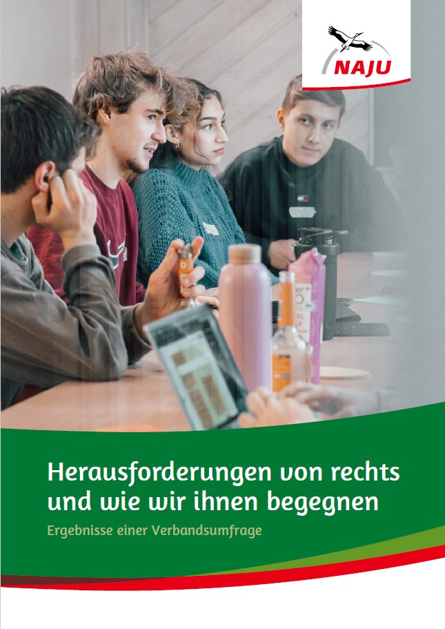 Vier junge Erwachsene sitzen an einem Tisch in einem Gespräch vertieft, mit Getränkeflaschen und einem Laptop vor sich. Im Hintergrund ist eine Holzwand sichtbar. Oben rechts befindet sich das Logo der NAJU (Naturschutzjugend im NABU) mit einem stilisierten Storch. Im unteren Bereich des Bildes steht auf grünem Hintergrund der Titel der Broschüre: Herausforderungen von rechts und wie wir ihnen begegnen – Ergebnisse einer Verbandsumfrage