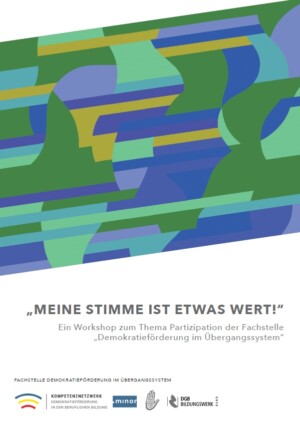 Der weiße Grund des Titelbildes wird von einem leicht schräg verlaufendem rechteckigen Gemälde durchzogen. Dabei handelt es sich um ein abstraktes Bild in den Farben grün, blau, lila, sowie ockergelb. Die Farben verlaufen in horizontalen Balken und vertikalen Rundungen über- und ineinander. Unter dem abstrakten Bild erscheint auf weiße Hintergrund und in grauen Versalien die Überschrift: Meine Stimme ist etwas wert! Darunter erfolgt in kleinerer und hellerer Schrift der Untertitel: Ein Workshop zum Thema Partizipation der Fachstelle Demokratieförderung im Übergangssystem. Ganz unten erscheinen drei Logos: das Logo des Kompetenznetzwerks Demokratieförderung in der beruflichen Bildung, Minor und DGB Bildungswerk