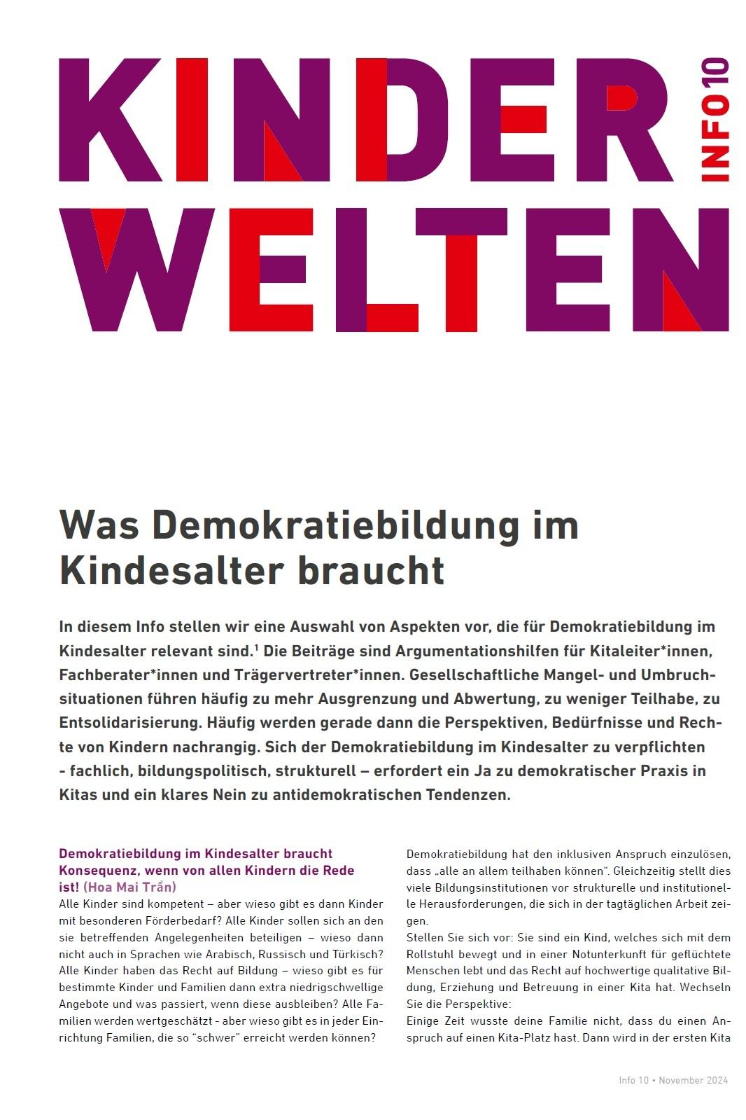 Cover von Kinderwelten Info 10. Was Demokratiebildung im Kindesalter braucht