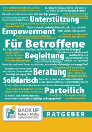 Das Titelbild der Broschüre hat einen türkisgrünen Hintergrund auf welchem in weißer und gelber Schrift verschiedene Fragen angeordnet sind, die sich an Betroffene Rechter Gewalt richten könnten. Beispielsweise steht dort eine Frage wie: Deine Nachbarin bedroht dich rassistisch, sodass du nicht mehr in Ruhe leben kannst? In besonders großen und weißen Buchstaben stehen folgende Wörter: Unterstützung, Empowerment, für Betroffene, Begleitung, Beratung, solidarisch, parteilich. Unterhalb dieses türkisgrünen Anschnitts gibt es noch einen gelben Streifen, auf dem das Logo des Vereins platziert ist sowie Ratgeber steht.