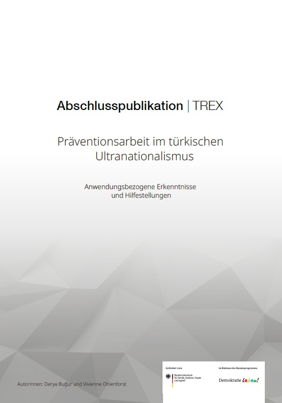 Das Cover zeigt einen hellgrauen Hintergrund der im letzte Drittel leicht plastische geometrische Formen zeigt. Dabei ist der Farb- und Musterverlauf von oben nach unten sehr dezent. Im ersten Drittel steht die Überschrift: Abschlusspublikation TREX. Darunter der Untertitel: Präventionsarbeit im türkischen Ultranationalismus. Unter dem Untertitel steht in kleinen Buchstaben: Anwendungsbezogene Erkenntnisse und Hilfestellungen. Ganz unten befinden sich die Namen der Autorinnen: Derya Buğur und Vivienne Ohlenforst. Daneben ist ein weißer Kasten mit dem Logo des fördernden Bundesministeriums für Familie, Senioren, Frauen und Jugend. Daneben steht im gleichen Kasten des Bundesprogramms Demokratie leben!