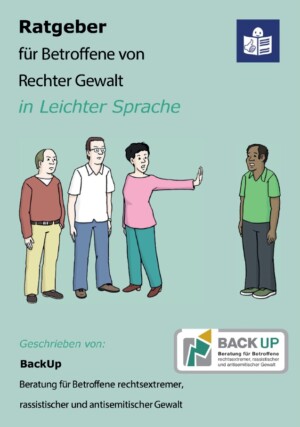 Das Titelbild hat einen hellgrünen Hintergrund. Darauf sind drei Menschen abgebildet, die vermutlich weiß positioniert sind. Zwei davon schienen männlich und eine Person weiblich zu sein. Letztere hält ihren Arm hoch um eine vierte Person abzuweisen, die dunklere Haut hat und männlich zu sein scheint. Oberhalb der Abbildung steht der Titel: Ratgeber für Betroffene von Rechter Gewalt. Unterhalb des Bildes steht von welchem Verein die Broschüre geschrieben ist, nämlich BackUp Beratung rechtsextremismus, rassistischer und antisemitischer Gewalt.