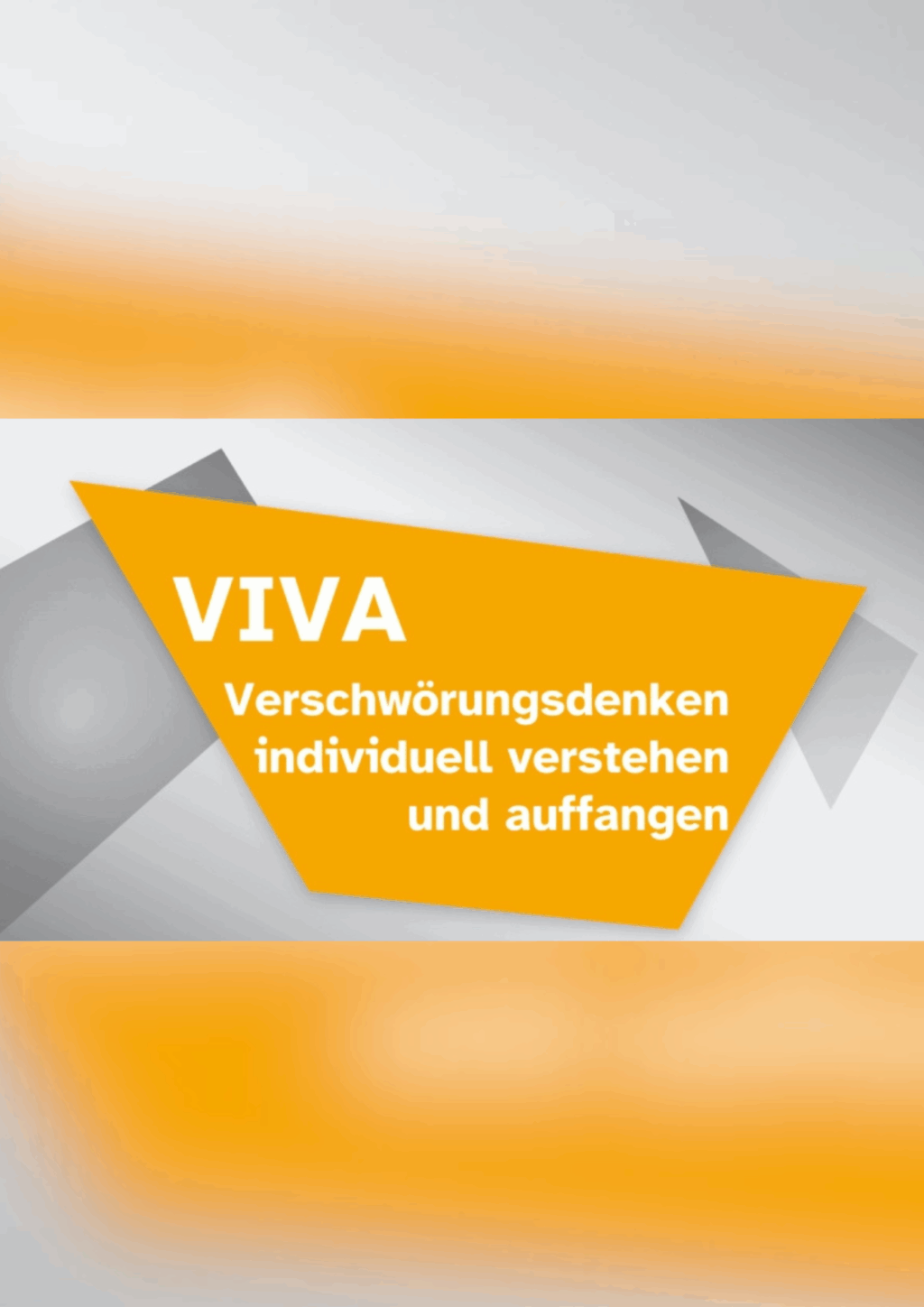 In der Mitte des Covers steht der Titel VIVA Verschwö­rungs­denken individuell verstehen und auffangen auf einem schrägen, orangefarbenen Banner vor einem grauen, abstrakten Hintergrund.