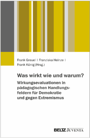 Im oberen Rand sind verschiedene Streifen und Blöcke in Senf, Grau und Weiß. Darunter stehen die Autor:innen. Darunter in der Mitte steht der Titel Was wirkt wie und warum? Wirkungsevaluation in pädagogischen Handlungsfeldern für Demokratie und gegen Extremismus. Unten steht das Logo vom Beltz Verlag.