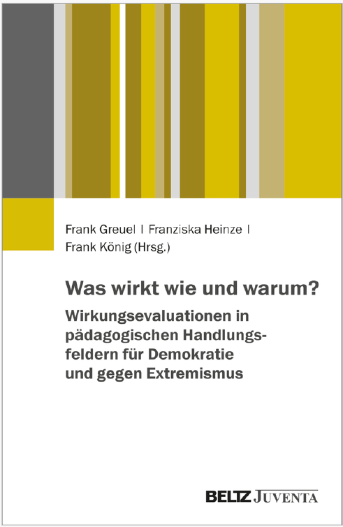 Im oberen Rand sind verschiedene Streifen und Blöcke in Senf, Grau und Weiß. Darunter stehen die Autor:innen. Darunter in der Mitte steht der Titel Was wirkt wie und warum? Wirkungsevaluation in pädagogischen Handlungsfeldern für Demokratie und gegen Extremismus. Unten steht das Logo vom Beltz Verlag.