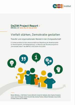 Auf dem Cover steht im oberen Bereich steht der Titel DeZIM Project Reports #16 mit dem Titel Vielfalt stärken, Demokratie gestalten. Transfer und organisationaler Wandel in der Zivilgesellschaft 5. Schwerpunktbericht der wissenschaftlichen Begleitung der Modellprojekte im Handlungsfeld „Vielfaltgestaltung“ im Rahmen des Bundesprogramms „Demokratie leben!“ des BMFSFJ, 01.01.2024–31.12.2024. In der unteren Hälfte sind bunte stilisierte Personen mit Symbolen wie Sprechblasen, Informationszeichen, Zahnrädern und einer erhobenen Faust dargestellt. Oben rechts befindet sich das Logo des DeZIM-Instituts. Ganz unten stehen diverse Autor und Autorinnennamen.