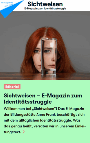 Das Cover zeigt eine Frau mit roten Haaren. Vor ihr steht ein gefülltes Wasserglas, durch das sie durch schaut. Durch das Wasser spiegelt sich ihr Gesicht und man sieht es doppelt. Darunter steht auf einem giftgrünen Hintergrund der Titel Sichtweisen - E-Magazin zum Identitätsstruggle.