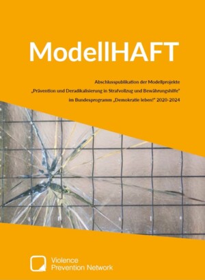 Die obere Hälfte bis in die Mitte des Bildes ist orange hinterlegt. Darauf folgt ein schräges viereckiges Bild, das ein vergittertes Fenster mit einem Sprung zeigt. Der letzte Abschnitt ist wieder orange hinterlegt. Auf dem oberen orangen Teil steht ModellHAFT Abschlusspublikation der Modellprojekte „Prävention und Deradikalisierung in Strafvollzug und Bewährungshilfe“ im Bundesprogramm „Demokratie leben!“ 2020-2024, auf dem unteren ist das Logo von Violence Prevention Network abgebildet.