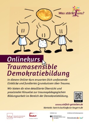 Auf dem Bild ist eine animierte Sonne und darunter drei animierte Strichmännchen mit weißen Unterhemden zu sehen. Oben rechts ist das Logo des Projekts Was stärkt uns abgebildet, unter den animierten Figuren steht Onlinekurs Traumsensible Demokratiebildung.