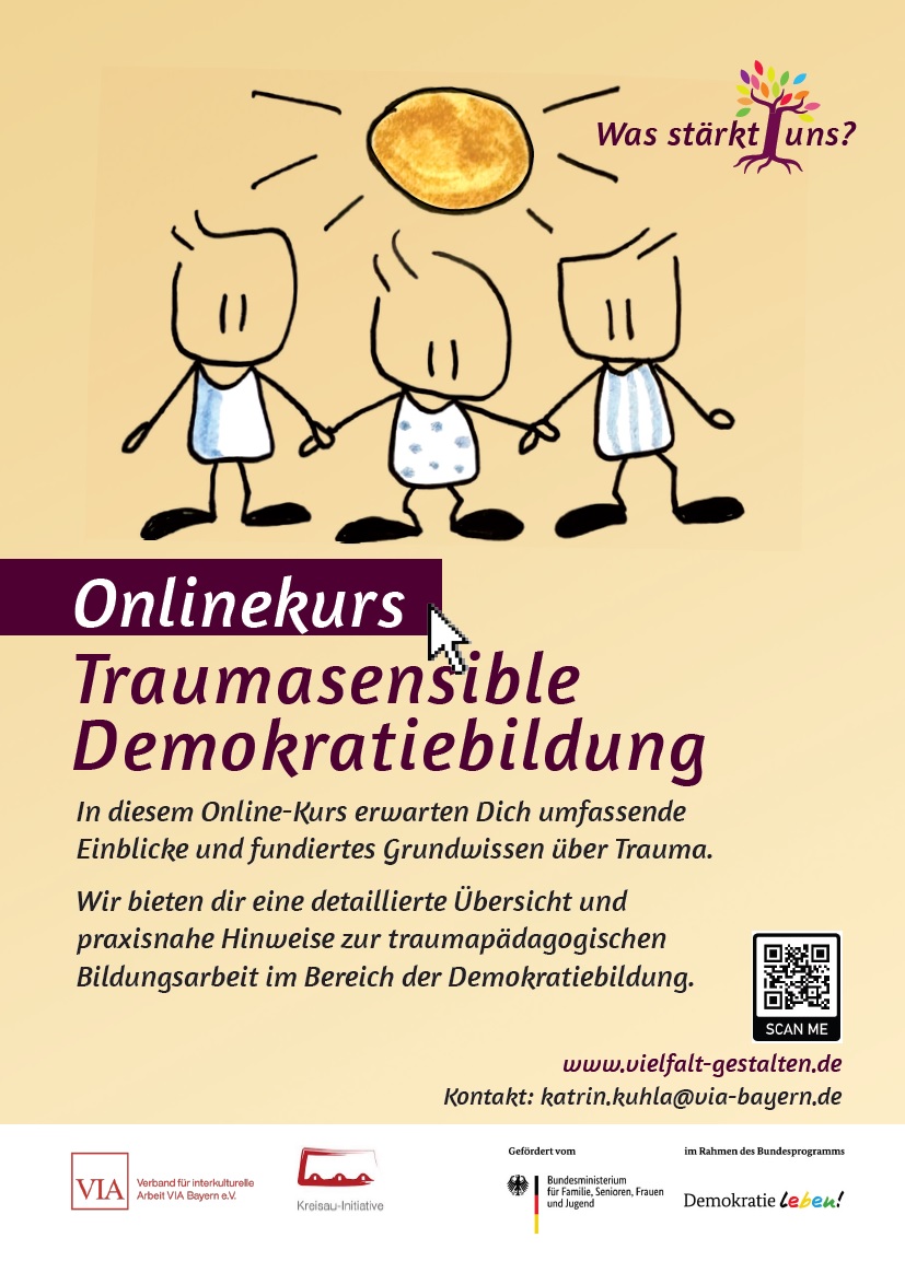 Auf dem Bild ist eine animierte Sonne und darunter drei animierte Strichmännchen mit weißen Unterhemden zu sehen. Oben rechts ist das Logo des Projekts Was stärkt uns abgebildet, unter den animierten Figuren steht Onlinekurs Traumsensible Demokratiebildung.