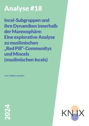 Das Bild hat einen grünen und weißen Hintergrund. Auf dem grünen Hintergrund steht in weißer Farbe: Analyse#18. Darunter steht in blauer Schrift der Titel: Incel-Subgruppen und ihre Dynamiken innerhalb der Mannosphäre: Eine explorative Analyse zu muslimischen "Red Pill"-Communitys und Mincels (muslimischen Incels). In kleinerer Schrift folgt der Name der Autorin: Vildan Aytekin. Ganz unten erscheint in weißer Schrift die Jahreszahl 2024. Rechts auf der weißen Fläche steht ganz unten das Logo des Kompetenznetzwerks KN:IX.