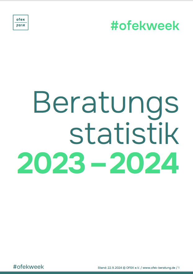Das Cover der ist im schlichtem, modernem Design in Blau-Grün und Grautönen gehalten. In der Mitte steht der Titel Beratungsstatistik 2023-24. In der oberen linken Ecke steht das Logo von OFEK. Oben rechts steht #ofekweek. Ganz unten steht erneut #ofektweek und rechts daneben in kleiner Schrift das Datum der Veröffentlichung und die Internetadresse.