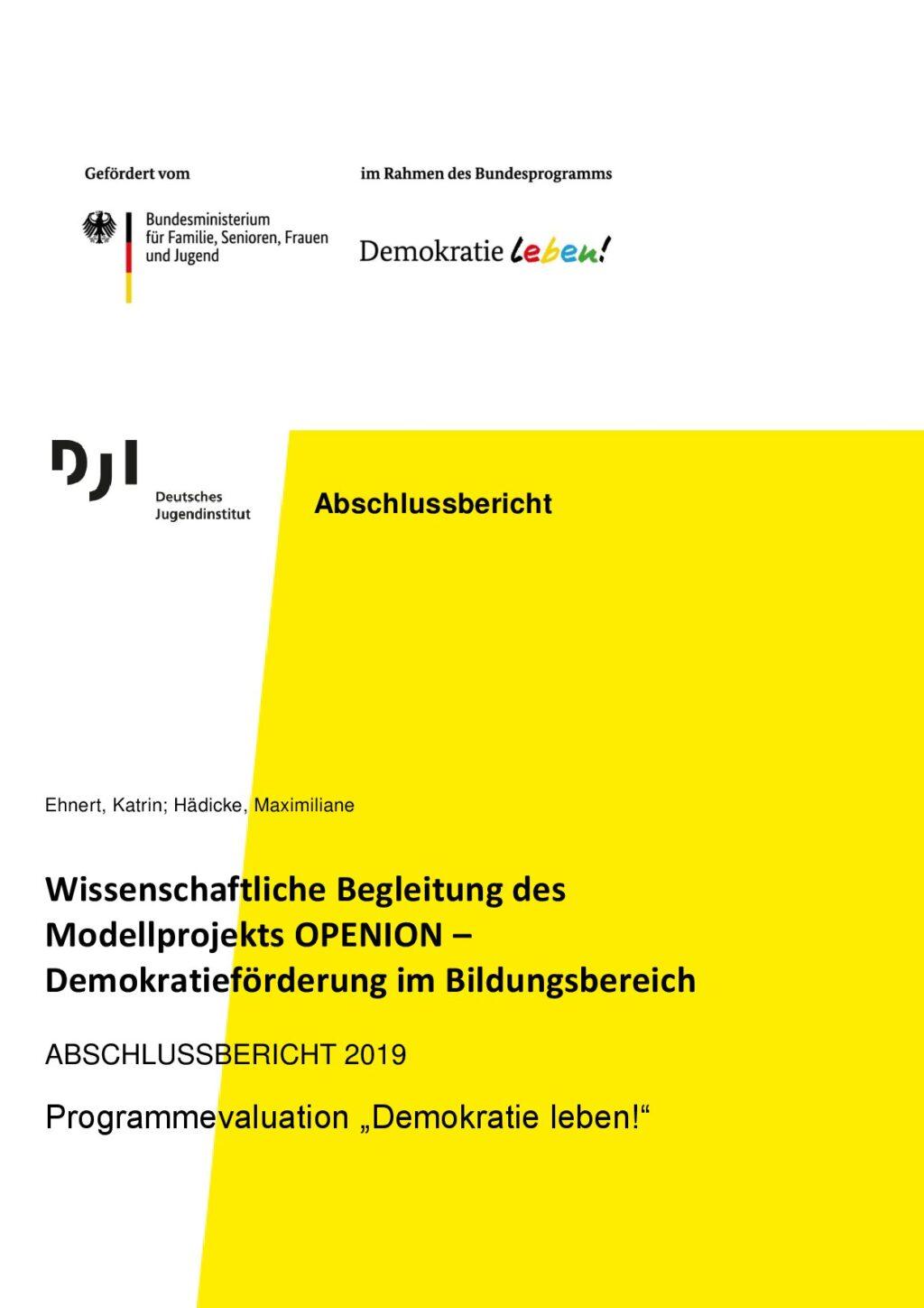 Cover von Wissenschaftliche Begleitung des Modellprojekts OPENION – Demokratieförderung im Bildungsbereich. ABSCHLUSSBERICHT 2019. Programmevaluation "Demokratie leben!"