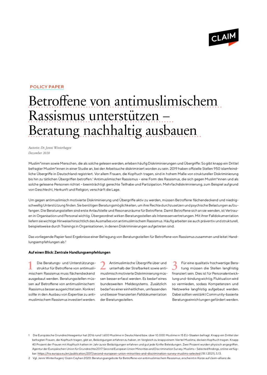 Cover von Policy Paper: Betroffene von antimuslimischem Rassismus unterstützen – Beratung nachhaltig ausbauen