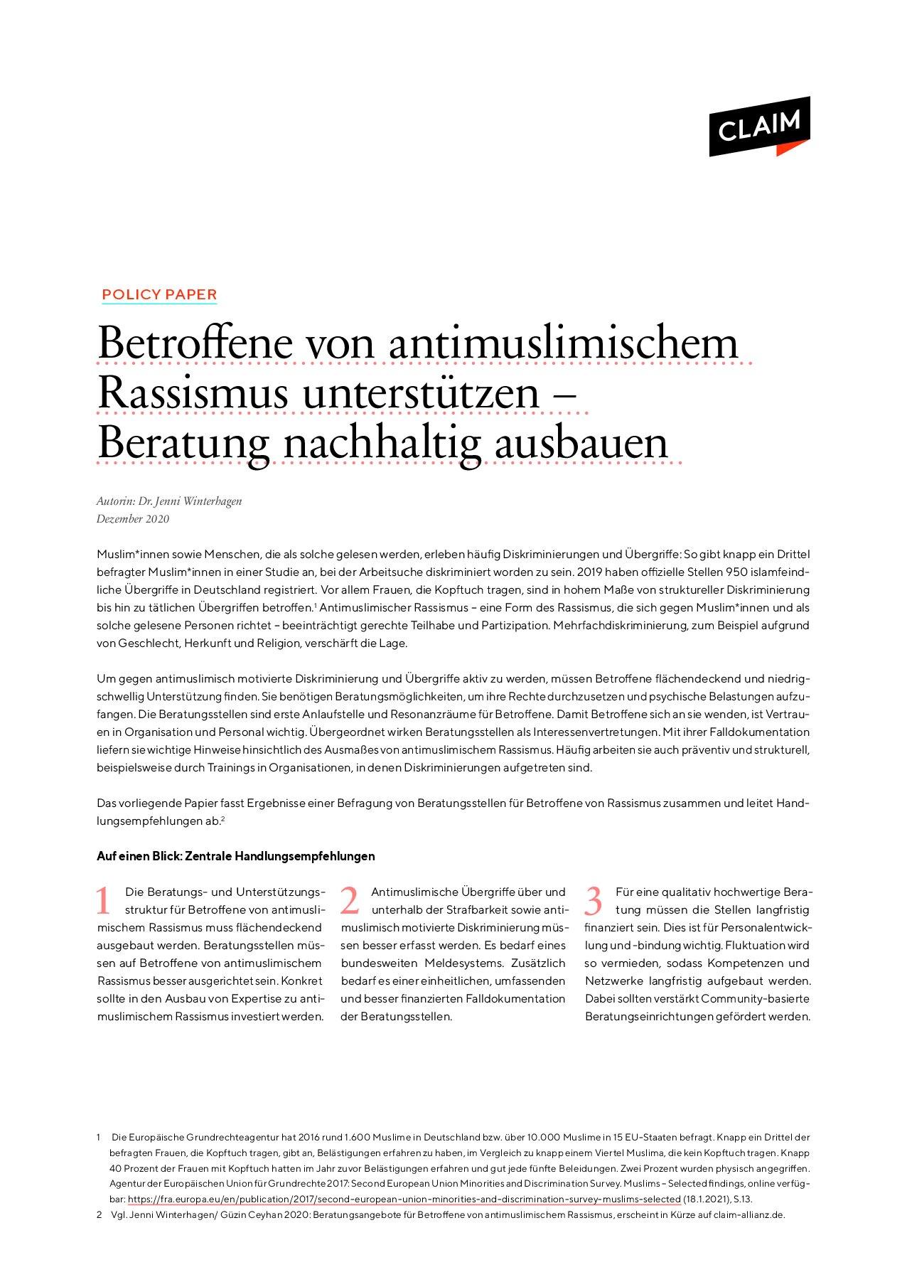Cover von Policy Paper: Betroffene von antimuslimischem Rassismus unterstützen – Beratung nachhaltig ausbauen