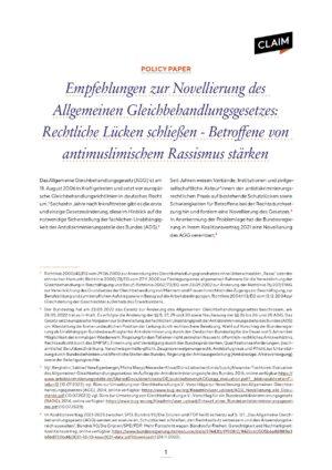 Cover von Empfehlungen zur Novellierung des Allgemeinen Gleichbehandlungsgesetzes: Rechtliche Lücken schließen – Betroffene von antimuslimischem Rassismus stärken