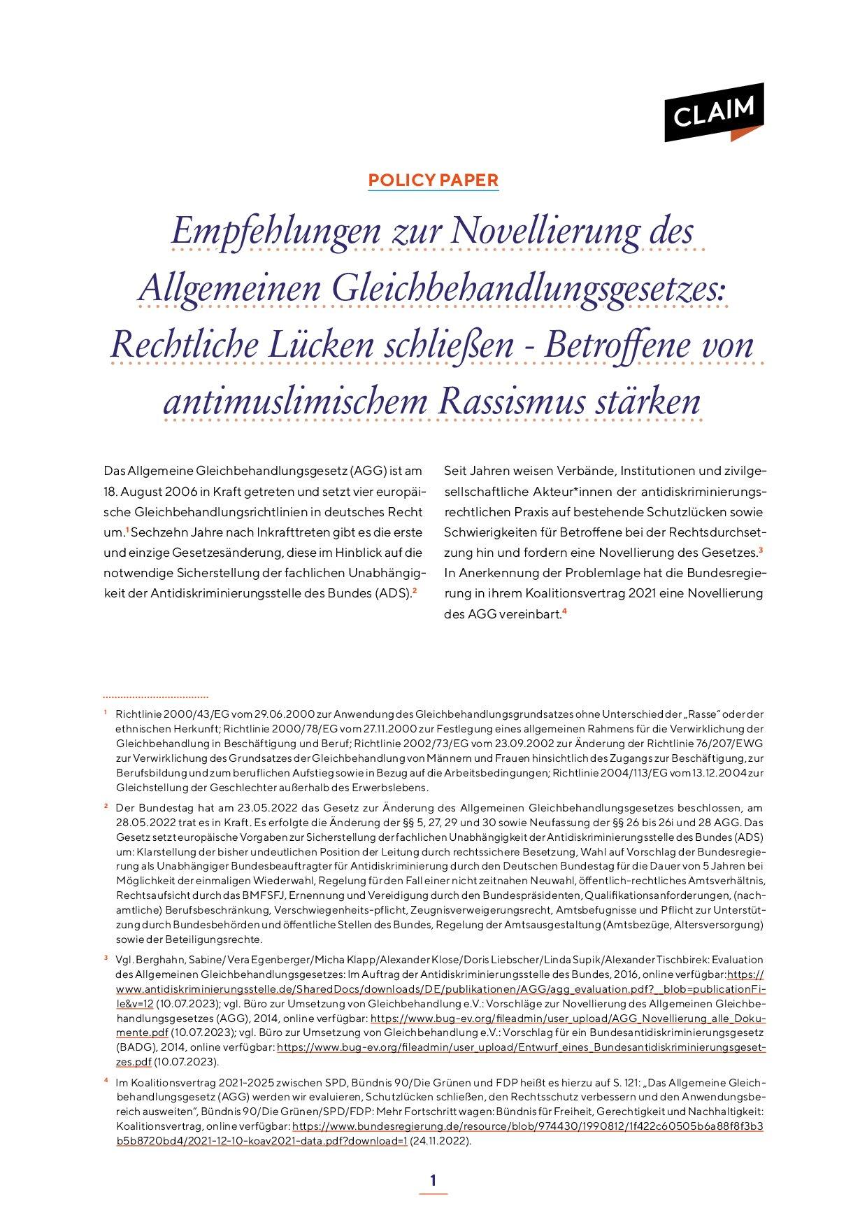 Cover von Empfehlungen zur Novellierung des Allgemeinen Gleichbehandlungsgesetzes: Rechtliche Lücken schließen – Betroffene von antimuslimischem Rassismus stärken