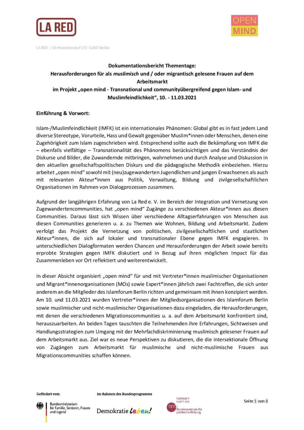 Cover von Dokumentationsbericht Thementage: Herausforderungen für als muslimisch und / oder migrantisch gelesene Frauen auf dem Arbeitsmarkt im Projekt "open mind – Transnational und communityübergreifend gegen Islam- und Muslimfeindlichkeit", 10. – 11.03.2021
