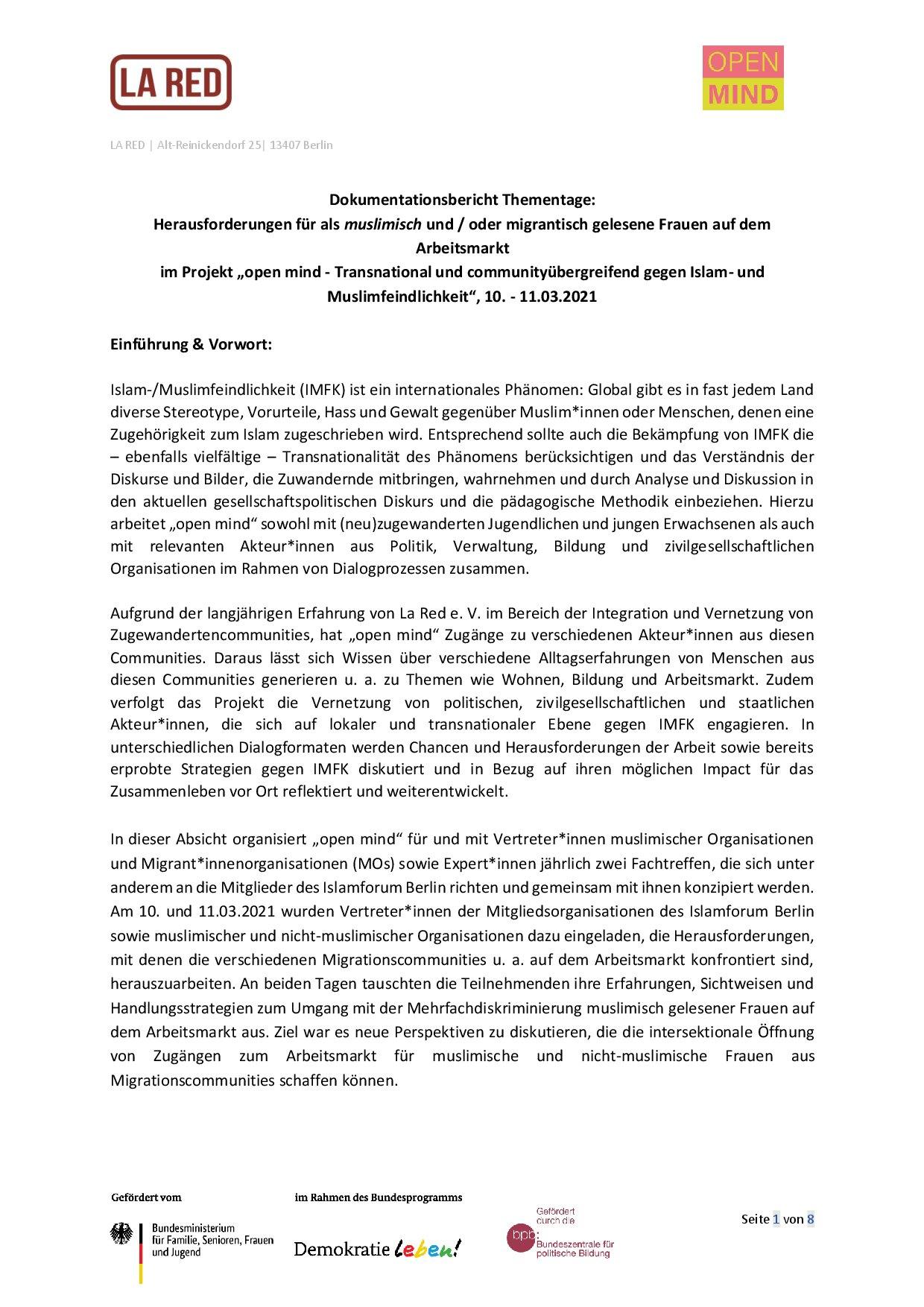 Cover von Dokumentationsbericht Thementage: Herausforderungen für als muslimisch und / oder migrantisch gelesene Frauen auf dem Arbeitsmarkt im Projekt "open mind – Transnational und communityübergreifend gegen Islam- und Muslimfeindlichkeit", 10. – 11.03.2021