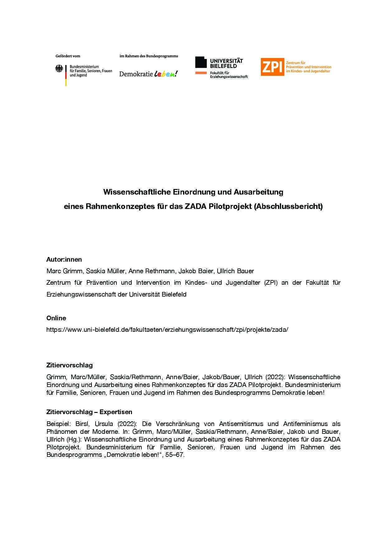 Cover von Wissenschaftliche Einordnung und Ausarbeitung eines Rahmenkonzeptes für das ZADA Pilotprojekt (Abschlussbericht)