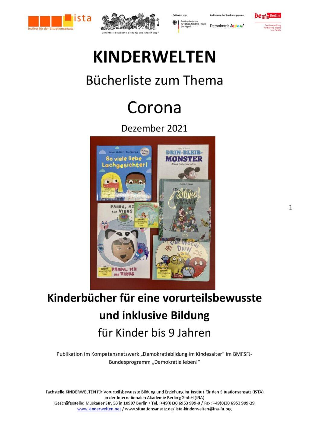 Cover von Kinderbücher für eine vorurteilsbewusste und inklusive Bildung für Kinder bis 9 Jahren: Bücherliste zum Thema Corona.