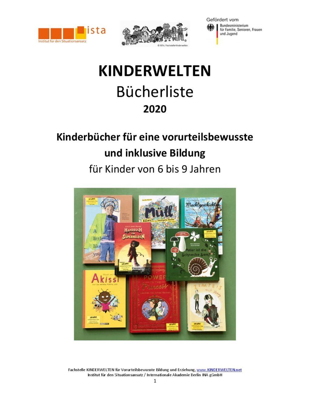 Cover von Kinderwelten Bücherliste 2020. Kinderbücher für eine vorurteilsbewusste und inklusive Bildung für Kinder von 6 bis 9 Jahren