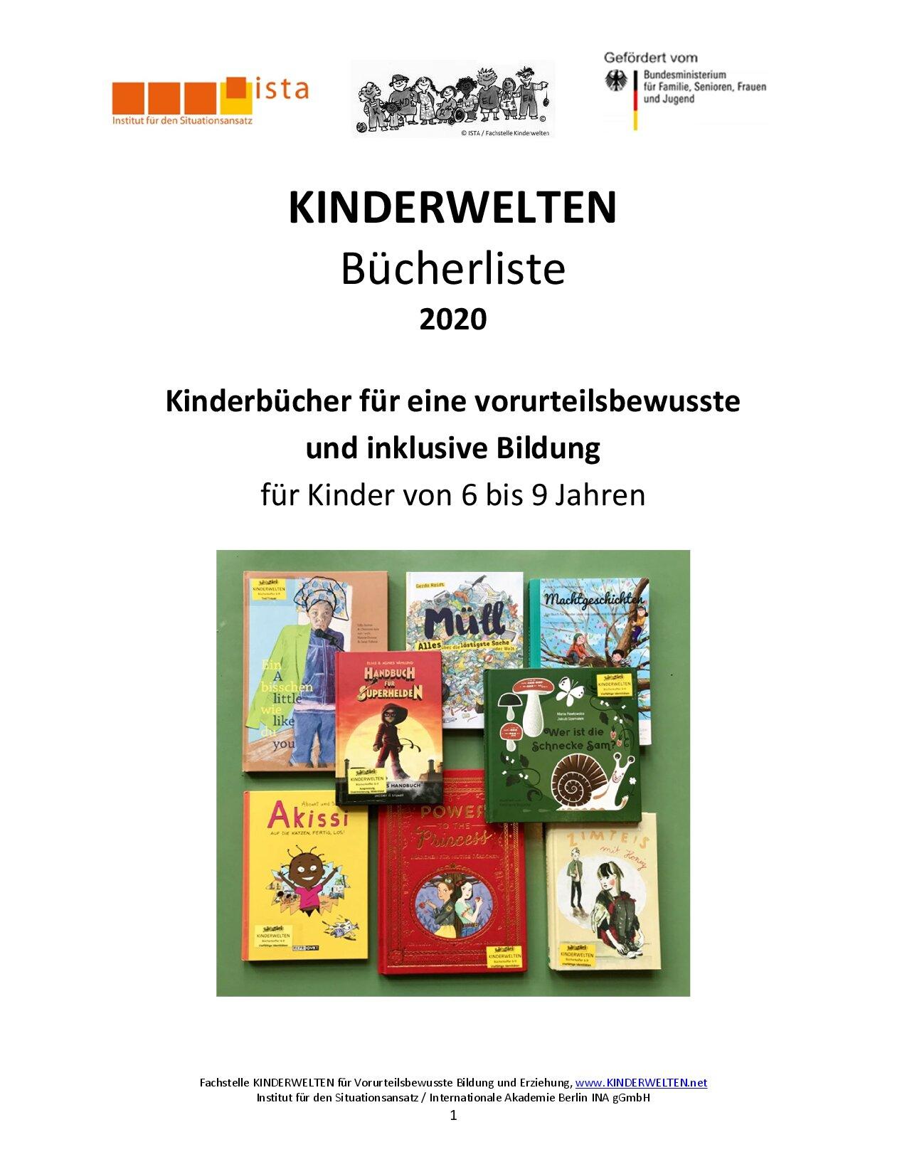 Cover von Kinderwelten Bücherliste 2020. Kinderbücher für eine vorurteilsbewusste und inklusive Bildung für Kinder von 6 bis 9 Jahren
