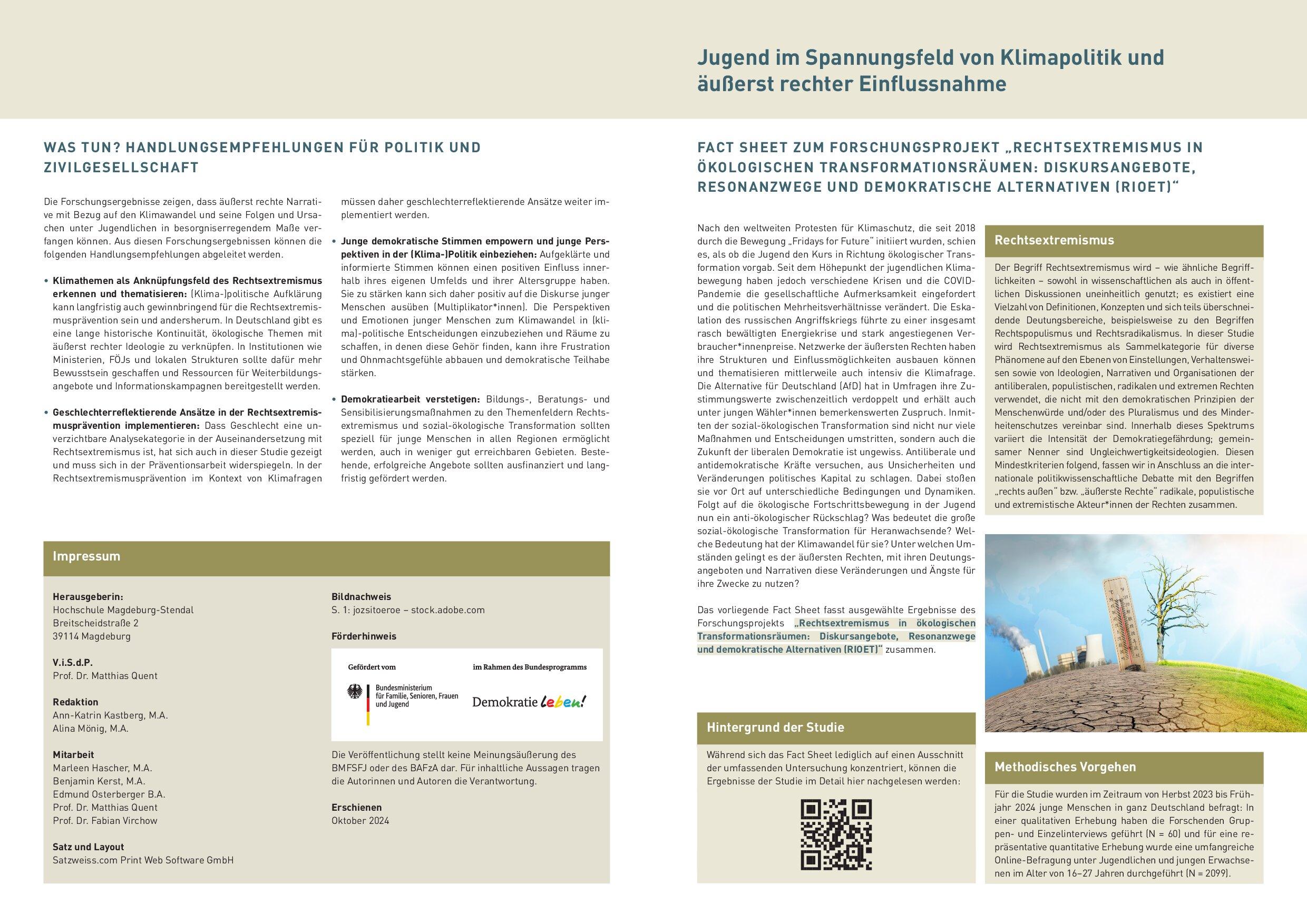 Cover von Jugend im Spannungsfeld von Klimapolitik und äußerst rechter Einflussnahme. Fact sheet zum Forschungsprojekt "Rechtsextremismus in ökologischen Transformationsräumen: Diskursangebote, Resonanzwege und demokratische Alternativen (RIOET)"